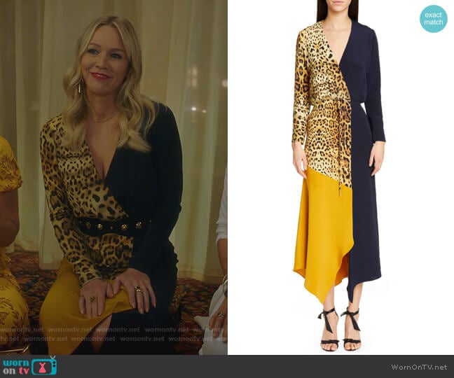 Cushnie Leopard Colorblock Long Sleeve Silk Dress worn by Jennie Garth (Jennie Garth) on BH90210