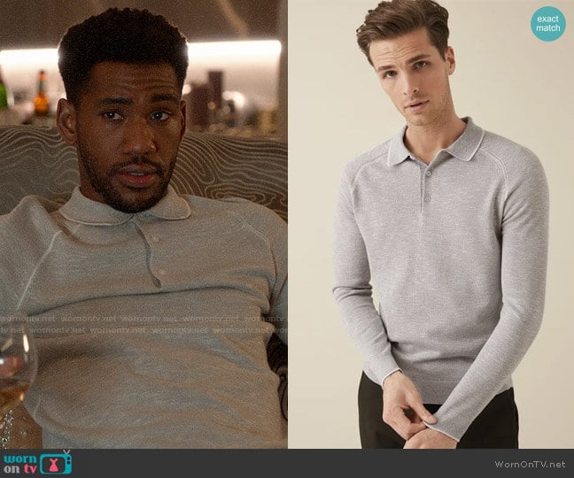 Reiss Earlsfield Grey Long Sleeved Tipped Polo worn by Craig (Brandon Mychal Smith) on Four Weddings and a Funeral