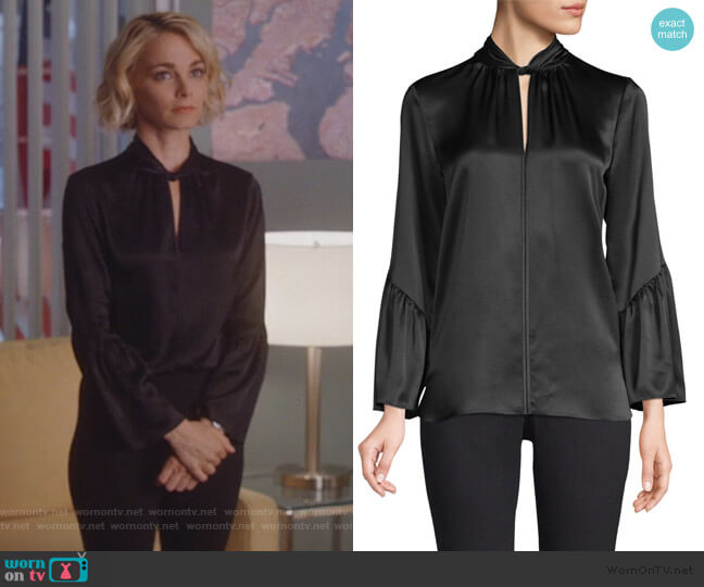 Elie Tahari Laraib Twist Neckline Silk Blouse worn by Lizzie Needham (Bojana Novakovic) on Instinct