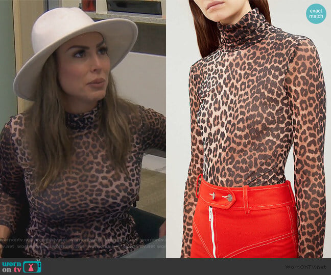 Ganni Tilden turtleneck mesh top worn by Kelly Dodd on The Real Housewives of Orange County