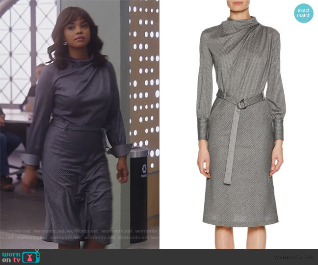 Giorgio Armani Long-Sleeve Belted Pinstriped Jersey Dress worn by Jasmine Gooden (Sharon Leal) on Instinct