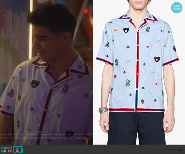 Gucci Embroidered cotton bowling shirt worn by Vivek Shah (Jordan Buhat) on Grown-ish