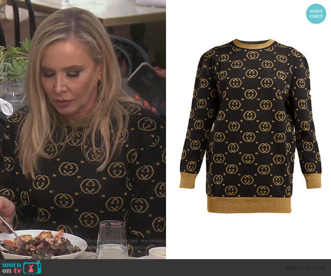 Gucci GG-jacquard wool-blend sweater worn by Shannon Beador on The Real Housewives of Orange County