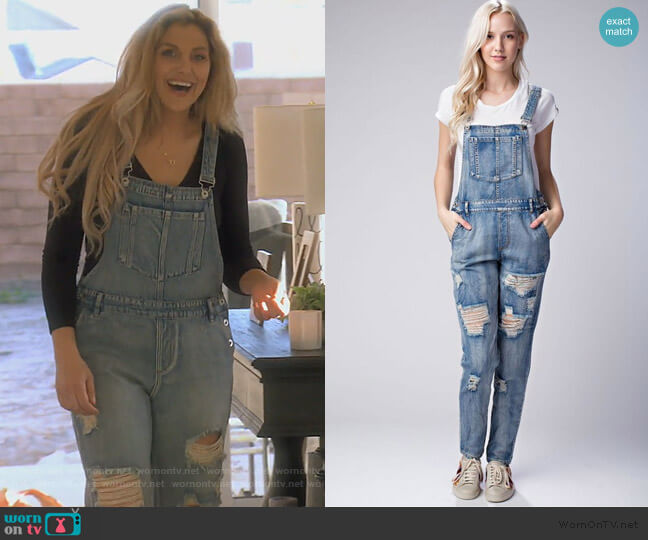 Honey Punch Distressed Denim Overalls worn by Gina Kirschenheiter on The Real Housewives of Orange County