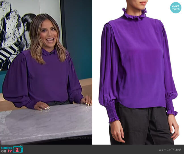 Isabel Marant Etoile Yoshi Ruffle-Neck Silk Blouse worn by Erin Lim on E! News