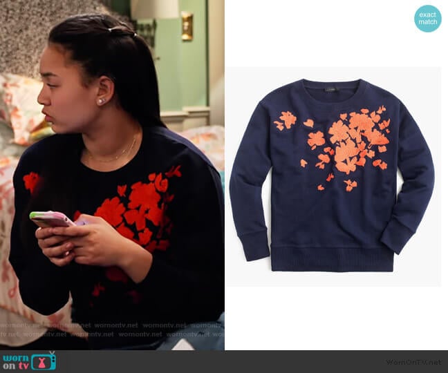 J. Crew Embroidered flower sweatshirt worn by Xuan (Tiana Le) on No Good Nick