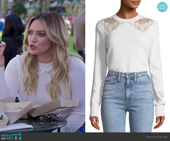 Jonathan Simkhai Lace Applique Crewneck Pullover Sweater worn by Kelsey Peters (Hilary Duff) on Younger