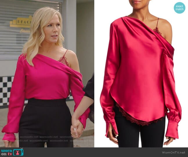 Jonathan Simkhai Sateen Lingerie Lace Drop-Shoulder Top worn by Jennie Garth (Jennie Garth) on BH90210