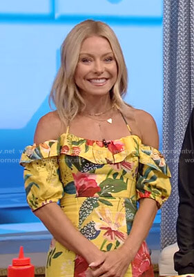 Kelly’s yellow floral off-shoulder dress on Live with Kelly and Ryan