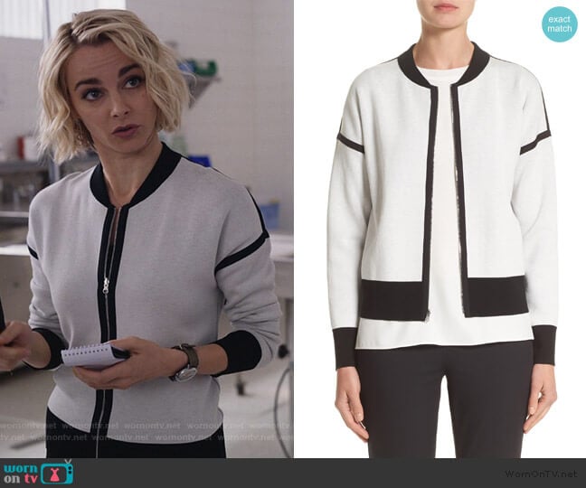 Lafayette 148 New York Matte Crepe Reversible Knit Bomber Jacket worn by Lizzie Needham (Bojana Novakovic) on Instinct
