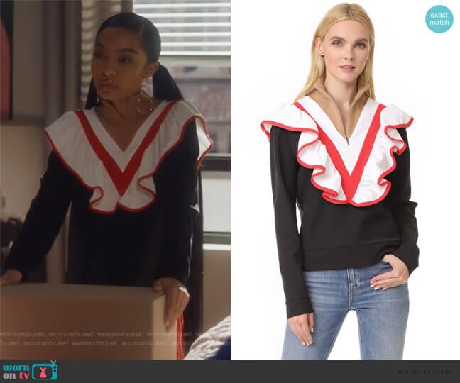 MSGM Half Zip Ruffle Pullover worn by Zoey Johnson (Yara Shahidi) on Grown-ish