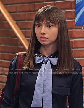 Molly’s navy heart embellished collar blouse with bow on No Good Nick