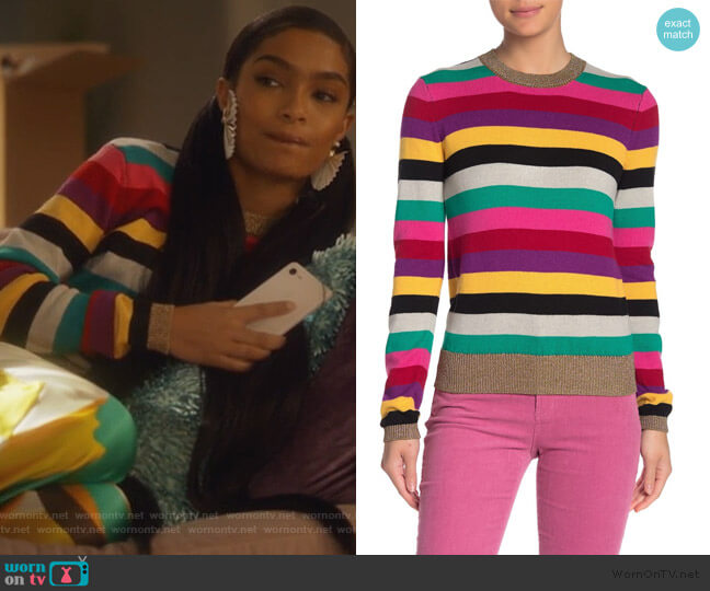 Pam & Gela Stripe Metallic Trim Sweater worn by Zoey Johnson (Yara Shahidi) on Grown-ish