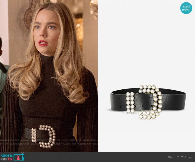 Philosophy Di Lorenzo Serafini Faux pearl-embellished leather belt worn by Ainsley Howard (Rebecca Rittenhouse) on Four Weddings and a Funeral