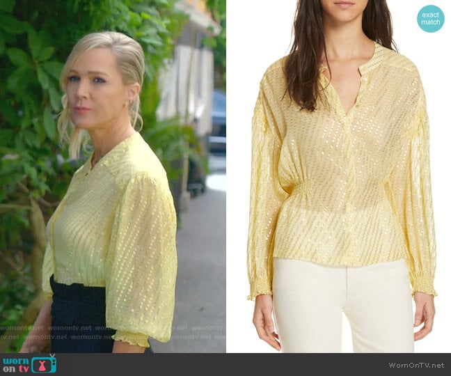 Rodebjer Holmvi Metallic Blouse worn by Jennie Garth (Jennie Garth) on BH90210