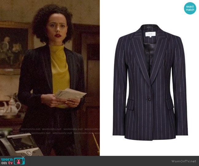 Reiss Piper Pinstripe Blazer worn by Maya (Nathalie Emmanuel) on Four Weddings and a Funeral