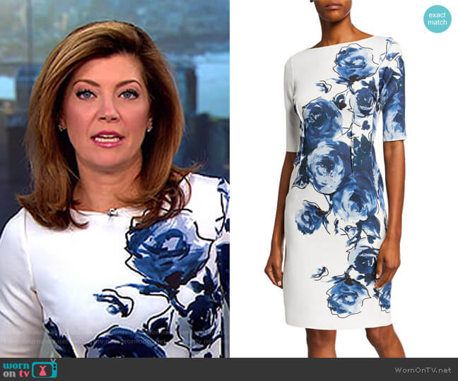Rickie Freeman for Teri Jon Floral Scuba Cocktail Dress worn by Norah O'Donnell on CBS Mornings