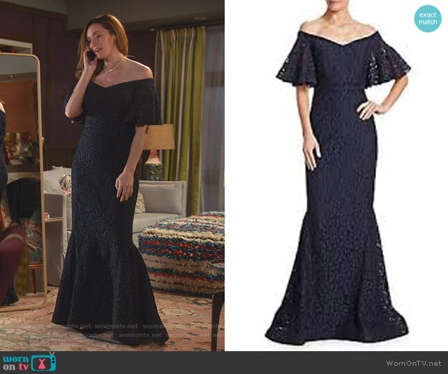 Rickie Freeman for Teri Jon Off-the-Shoulder Lace Mermaid Gown worn by Abigail Pershing (Sarah Power) on Good Witch
