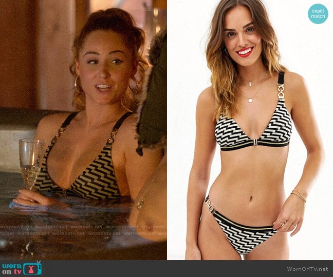 River Island Triangle Bikini in Zig Zag Print worn by Zara (Sophia La Porta) on Four Weddings and a Funeral