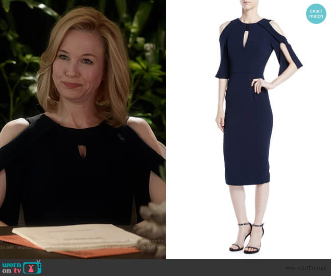 Roland Mouret Keeling Keyhole Slit-Sleeve Midi Crepe Sheath Dress worn by Anne Montgomery (Renee Zellweger) on What/If