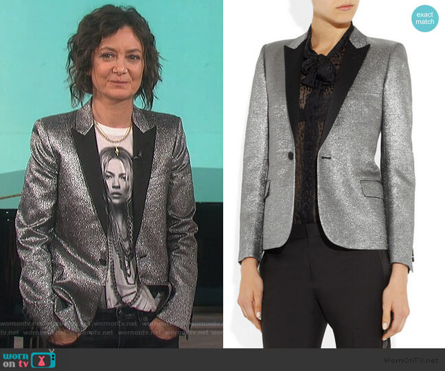 Saint Laurent Metallic jacquard tuxedo jacket worn by Sara Gilbert on The Talk