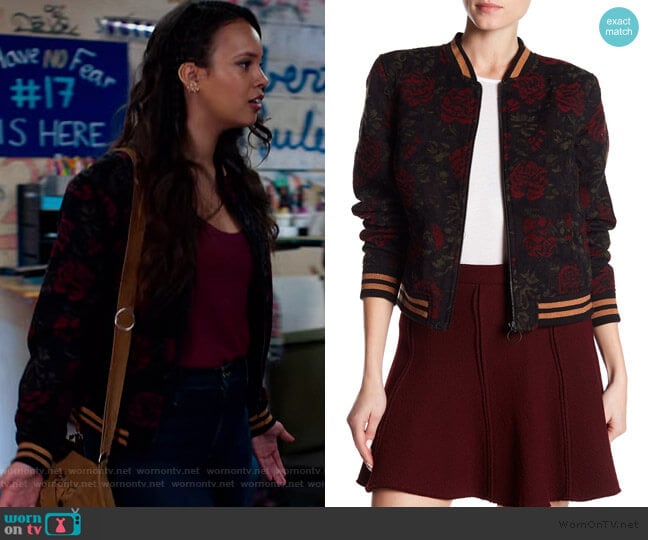 Sanctuary Floral Print Bomber Jacket worn by Jessica Davis (Alisha Boe) on 13 Reasons Why