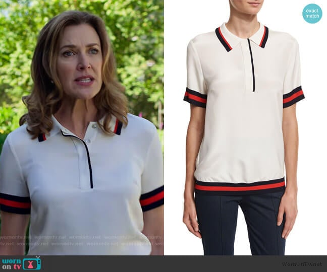 St. John Collection Striped-Trim Polo Shirt worn by Nora Walker (Brenda Strong) on 13 Reasons Why