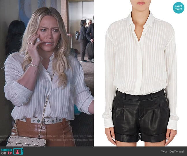Saint Laurent Striped Silk-Blend Georgette Blouse worn by Kelsey Peters (Hilary Duff) on Younger