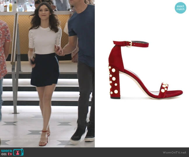 Stuart Weitzman Pearl Embellished Sandals worn by Alicia Mendoza (Denyse Tontz) on Grand Hotel
