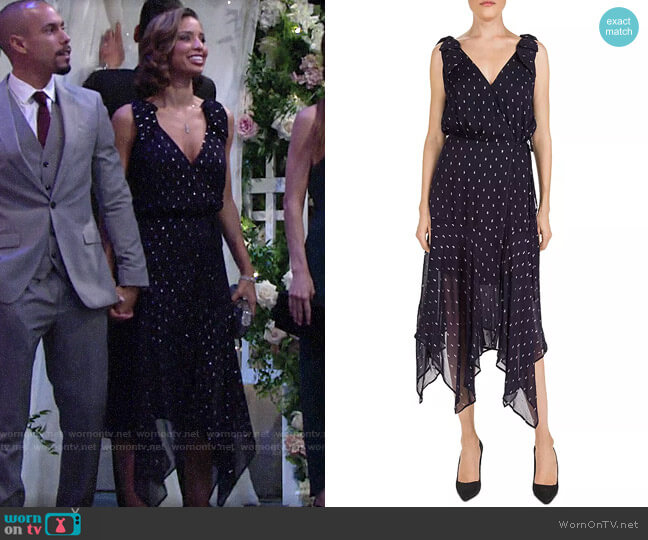 The Kooples Metallic-Dot Midi Wrap Dress worn by Elena Dawson (Brytni Sarpy) on The Young and the Restless