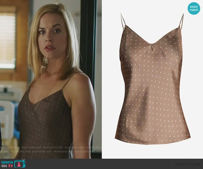 Theory Polka-dot sleeveless silk top worn by Kelly Anne Van Awken (Molly Burnett) on Queen of the South