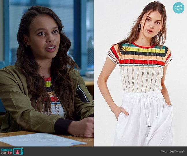 Urban Outfitters Angele Striped Pointelle Sweater Tee worn by Jessica Davis (Alisha Boe) on 13 Reasons Why