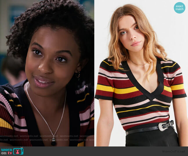 Urban Outfitters Ellis V-neck Short-Sleeve Sweater worn by Ani (Grace Saif) on 13 Reasons Why