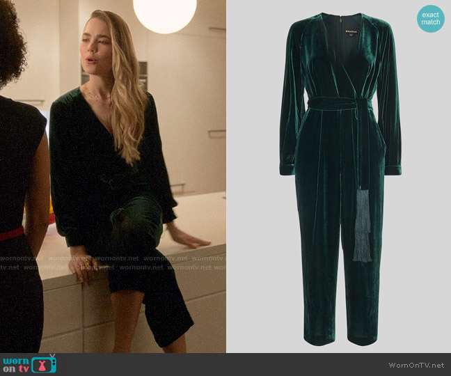 Whistles Thea Wrap Velvet Jumpsuit worn by Ainsley Howard (Rebecca Rittenhouse) on Four Weddings and a Funeral