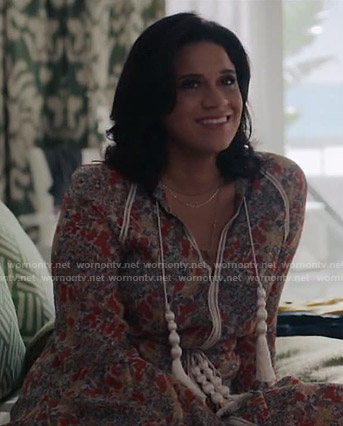 Yoli’s floral long sleeve dress with tassels on Grand Hotel