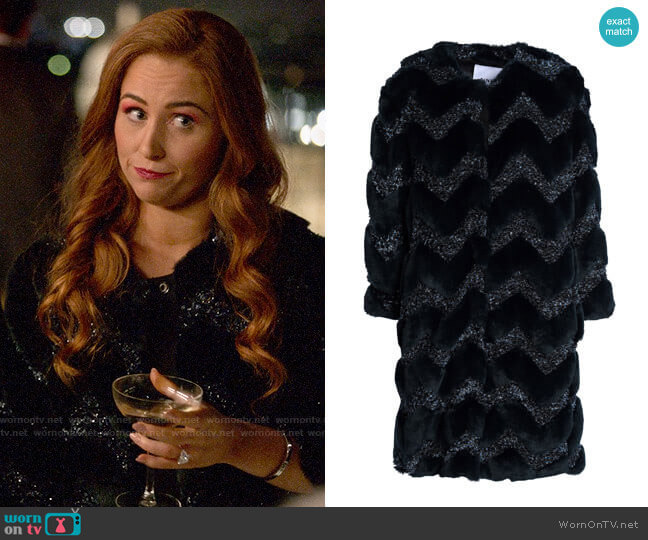 Ainea Metallic bouclé-trimmed faux fur coat worn by Zara (Sophia La Porta) on Four Weddings and a Funeral