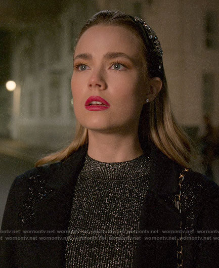 Ainsley’s black embellished coat on Four Weddings and a Funeral