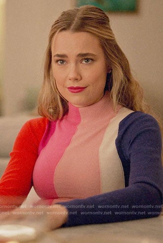 Ainsley’s colorblock sweater on Four Weddings and a Funeral
