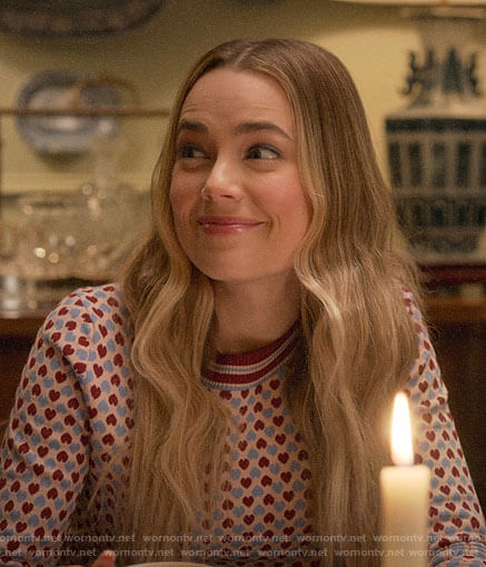 Ainsley’s heart print sweater on Four Weddings and a Funeral