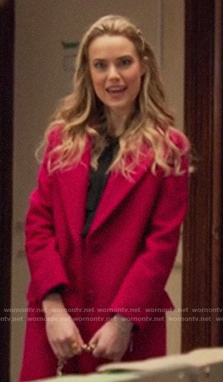 Ainsley’s pink coat on Four Weddings and a Funeral
