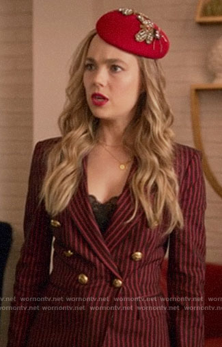 Ainsley’s red striped double-breasted blazer on Four Weddings and a Funeral