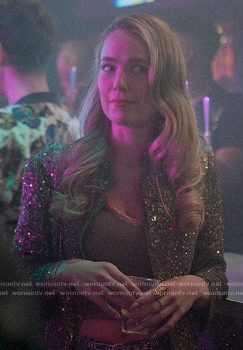 Ainsley’s metallic trim top and sequin jacket on Four Weddings and a Funeral