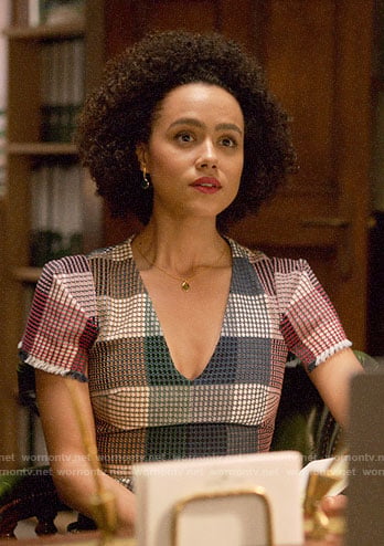 Maya’s multi colored check dress on Four Weddings and a Funeral