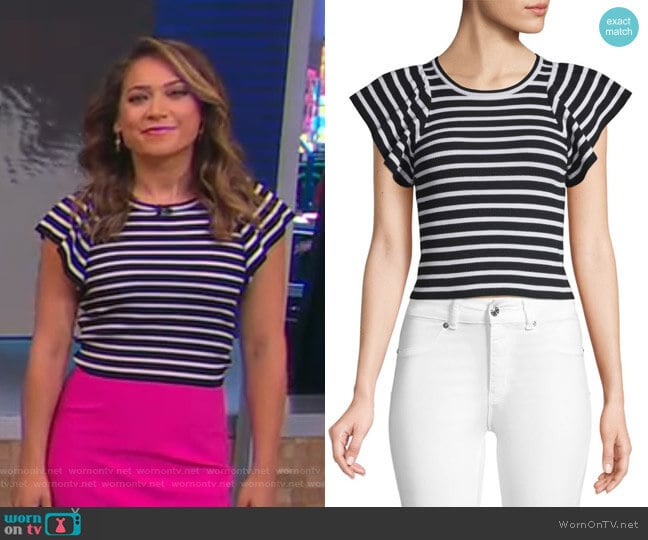 A.L.C. Striped Flutter-Sleeve Top worn by Ginger Zee on Good Morning America