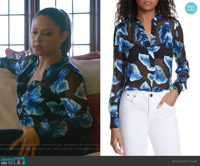 Alice + Olivia Amos Tropical Leaf Print Split Neck Blouse
