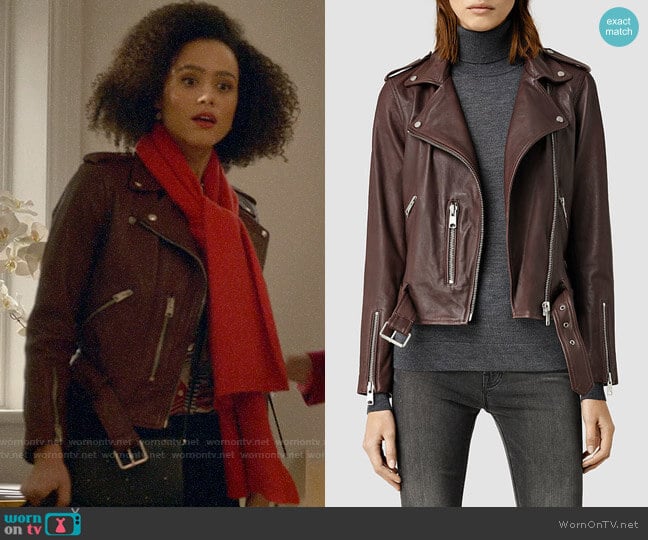 All Saints Balfern Leather Jacket worn by Maya (Nathalie Emmanuel) on Four Weddings and a Funeral
