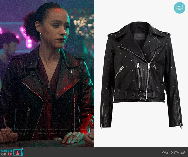 All Saints Studded Balfern Jacket worn by Maya (Nathalie Emmanuel) on Four Weddings and a Funeral