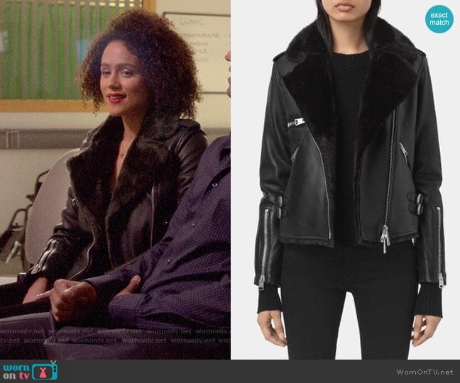 All Saints Higgens Jacket worn by Maya (Nathalie Emmanuel) on Four Weddings and a Funeral
