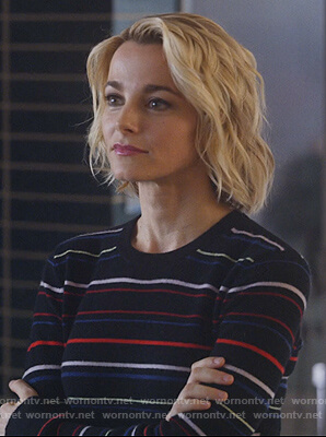 Lizzie’s black striped sweater on Instinct