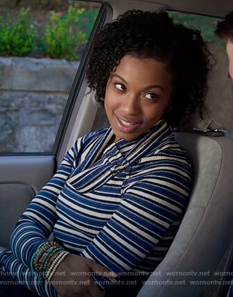 Ani’s blue striped cowl neck sweater on 13 Reasons Why